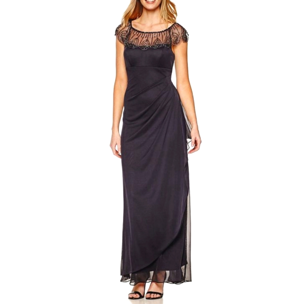 DJ-JAZ Long Sheer Matte Jersey Side Ruched Dress with Chunky Bead Size 10 Black